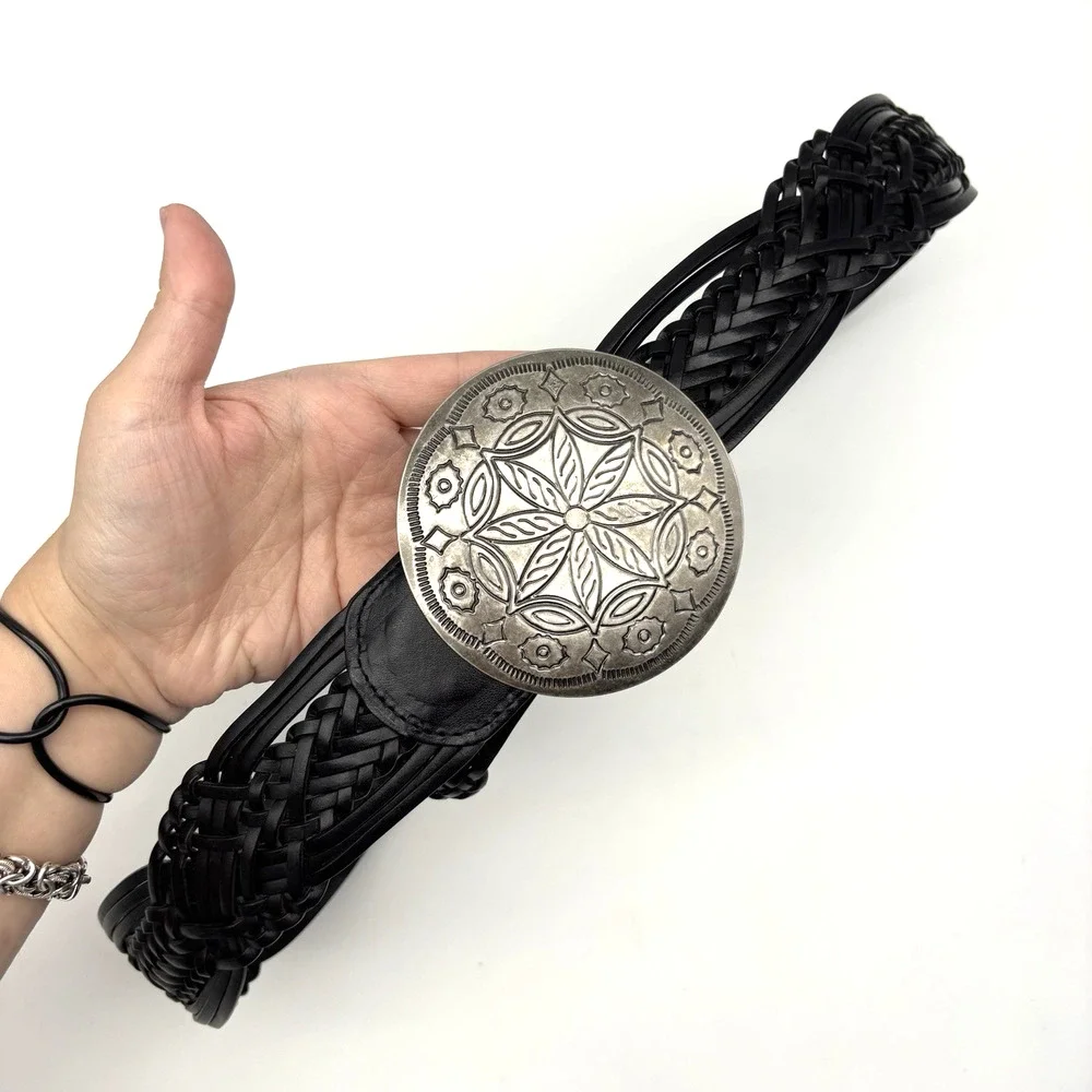 Vintage Y2K New York & Co Black Braided Leather Medallion Buckle Wide Belt M 34